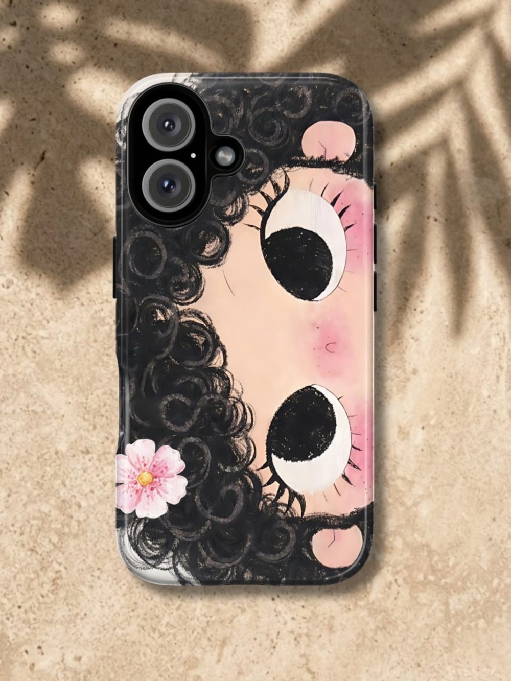 Cute Black Curly Girl Phone Case - Pink Accent